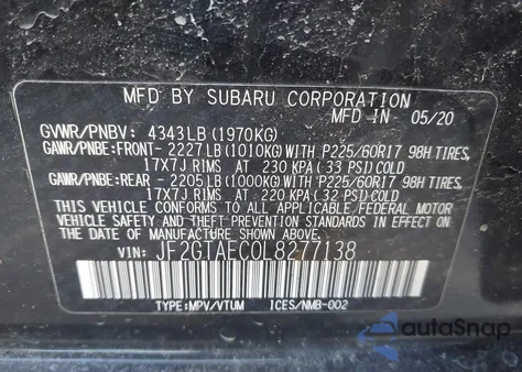 2020 Subaru Crosstrek Premium z USA, uszkodzony, nr VIN JF2GTAEC0L8277138